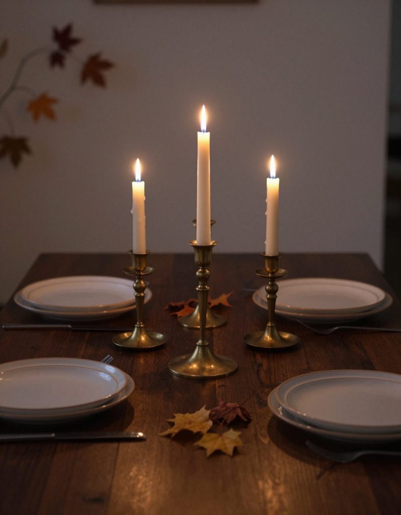 The Ash candle holders with lit candles on a dark oak dinner table.