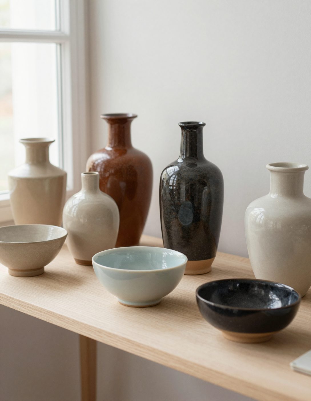 Handmade vases and bowls in oat, rust, sea-glass and charcoal on an oak shelf.