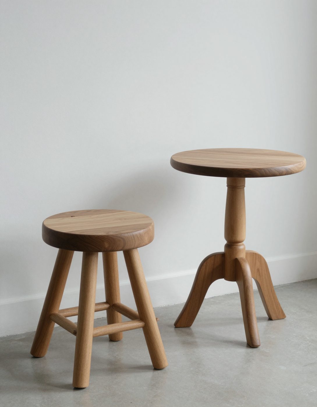 A three-legged oak stool and a round pedestal side table.