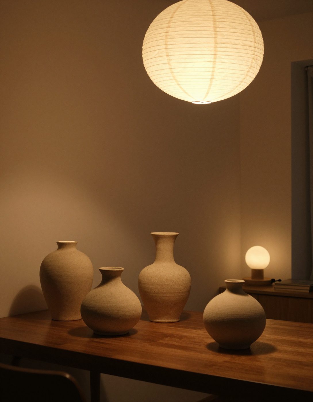 Warm stoneware lamps and a paper pendant in a dim room.