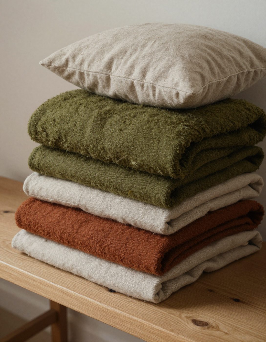 Folded wool throws and linen cushions in moss, rust and oat.