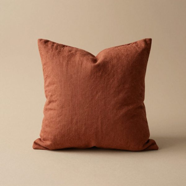A square stonewashed linen cushion in warm rust.