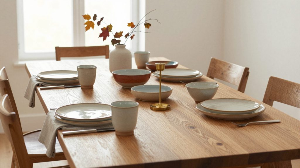 A long oak table set with handmade stoneware, linen and brass candle holders.
