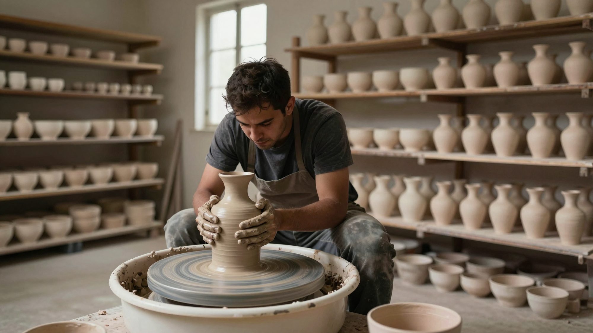 Hands shaping a tall vase on a potter’s wheel in a dusty workshop.