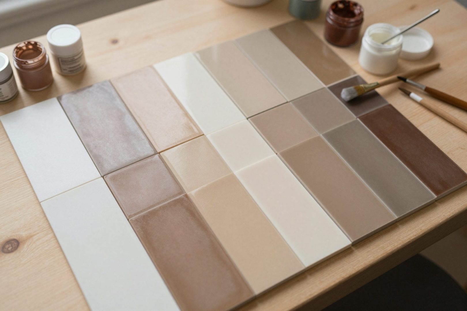 Dozens of glaze test tiles in earthy colours on a workbench.