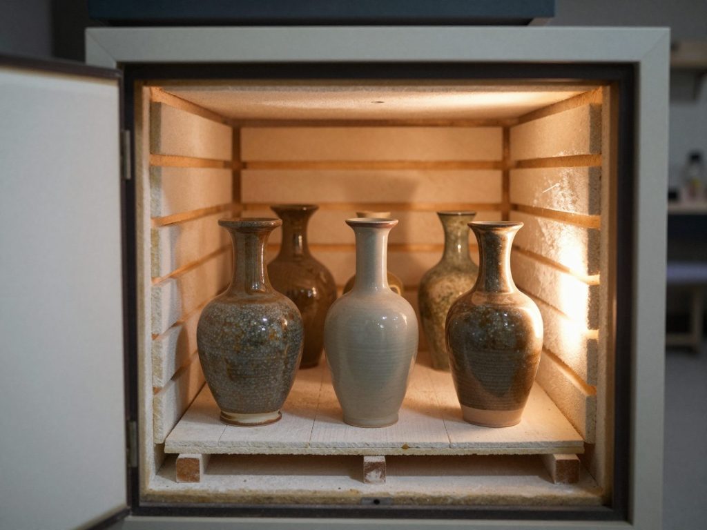 Freshly fired vases on a kiln shelf in warm light.
