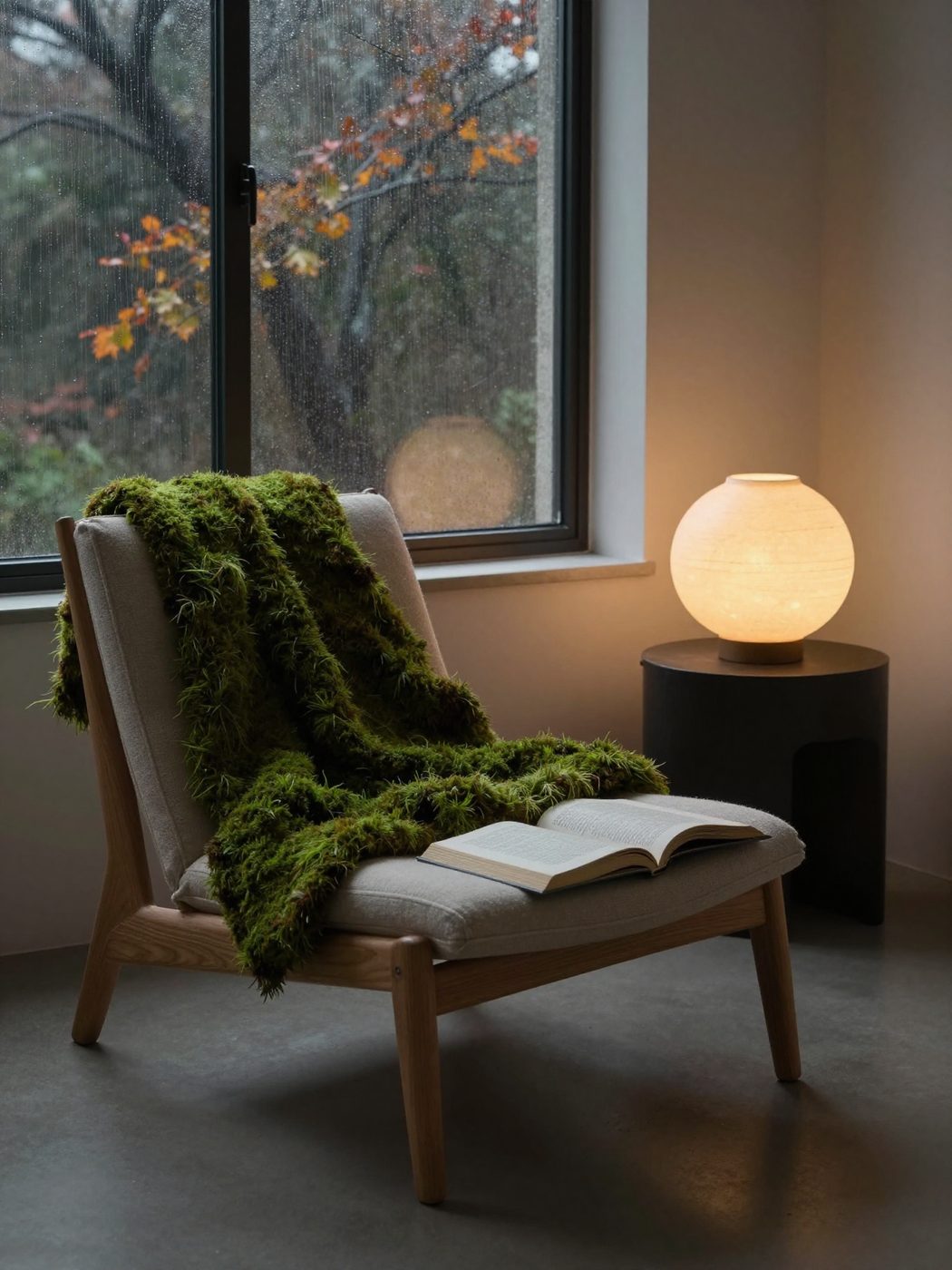 A reading corner with an oak lounge chair, moss throw and glowing lamp.