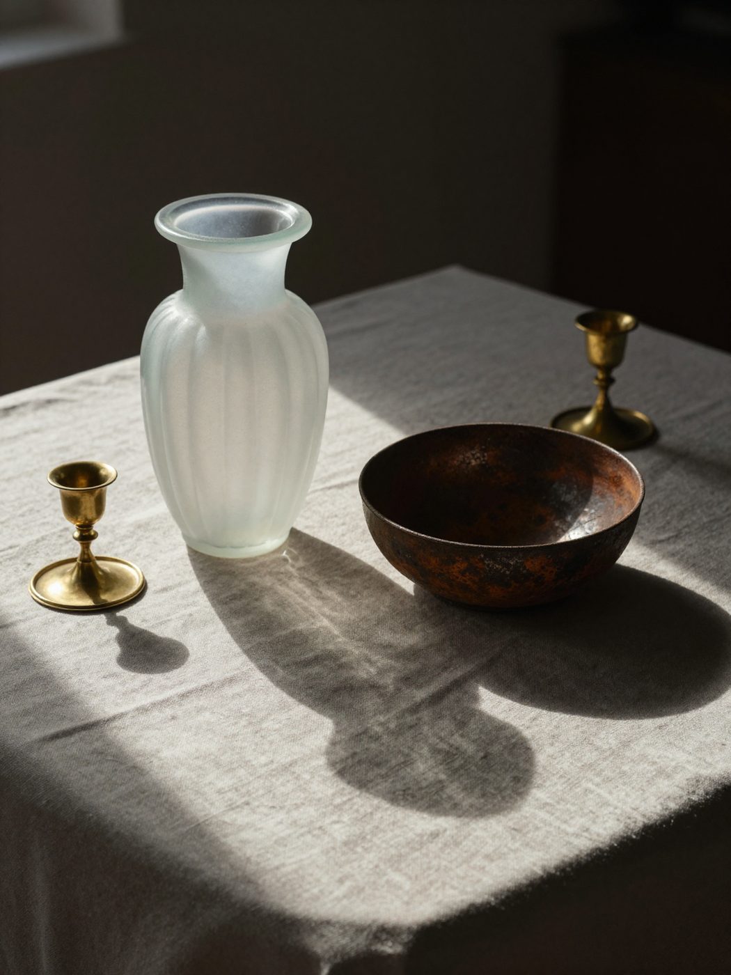 A sea-glass vase, a rust bowl and brass candle holders in low sunlight.