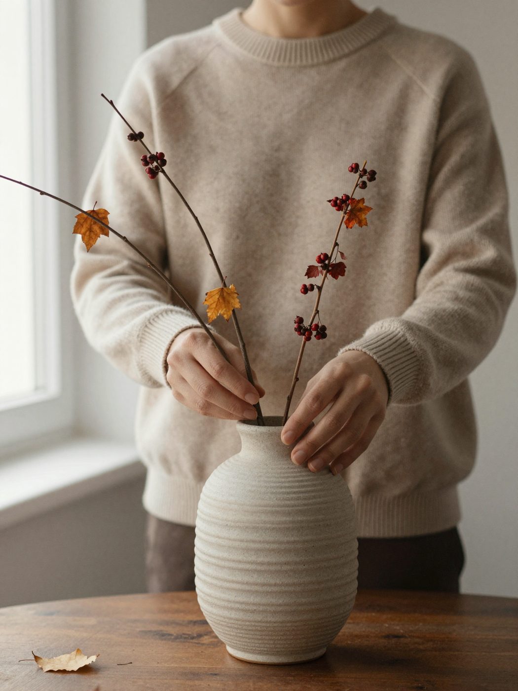 Someone arranging autumn branches in a ribbed stoneware vase.