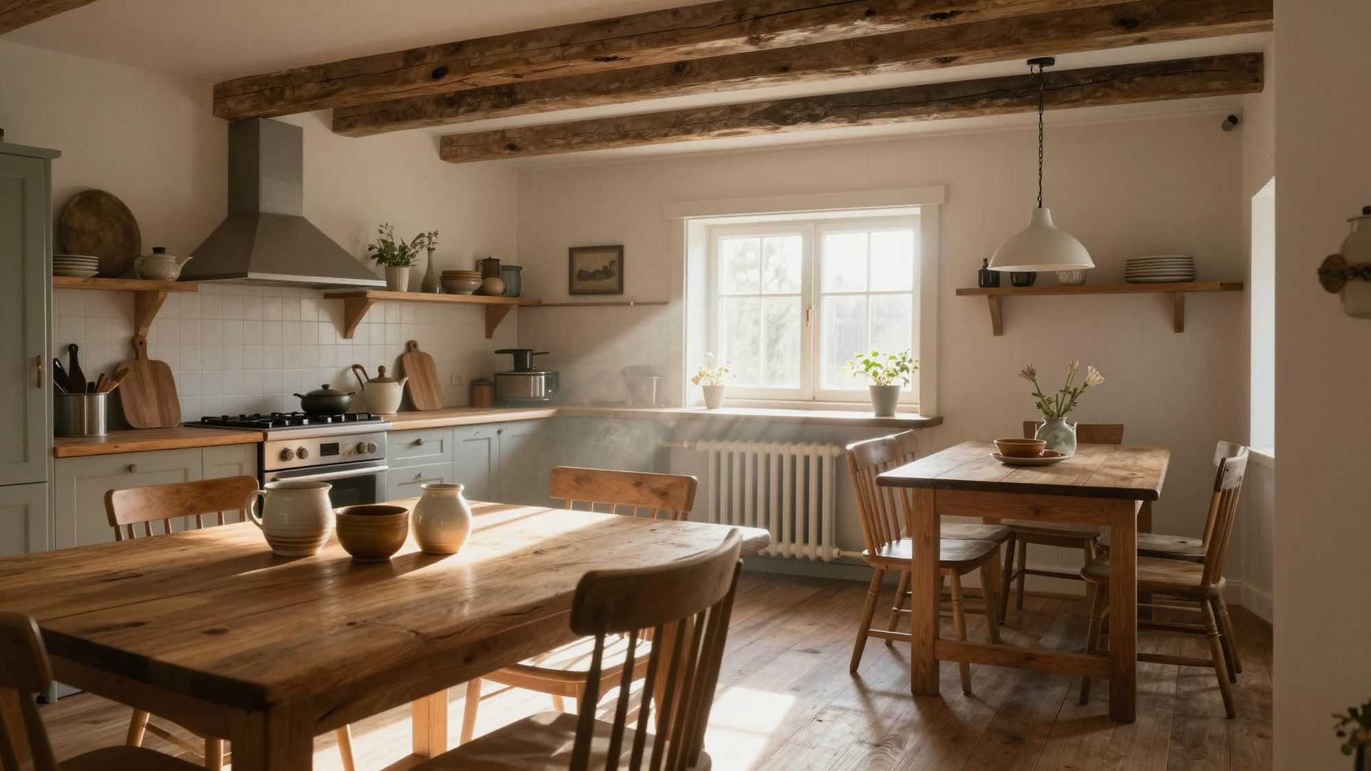 An old farmhouse kitchen with an oak table and handmade ceramics in the sun.