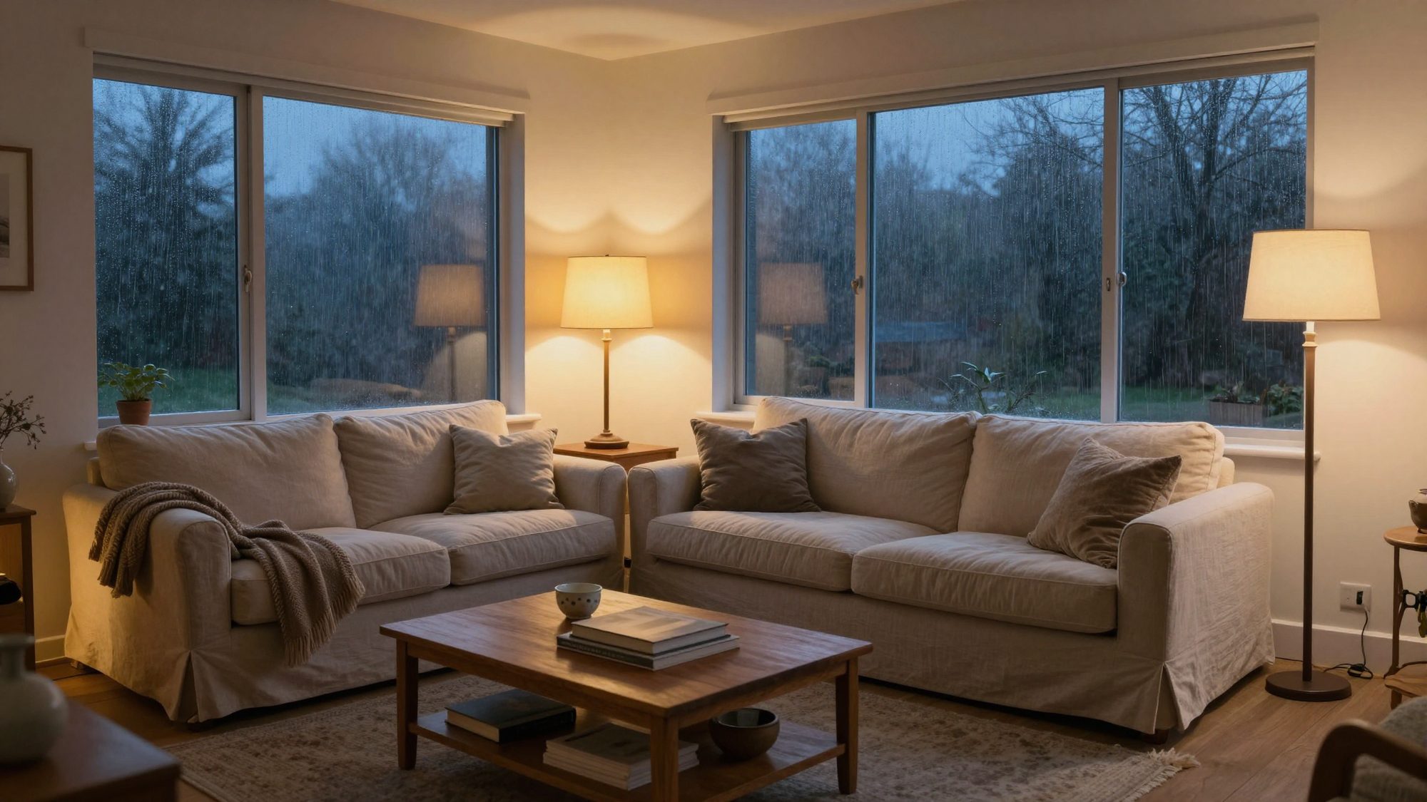A living room at blue hour with warm lamps and rain on the windows.
