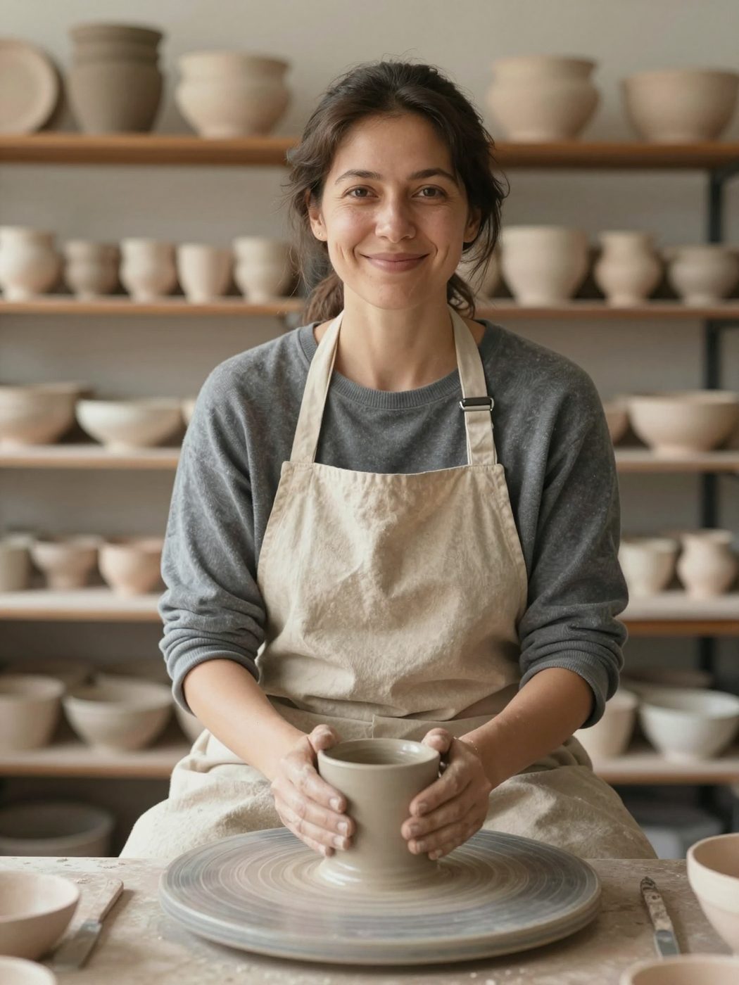 A smiling potter in a linen apron in her sunlit workshop.