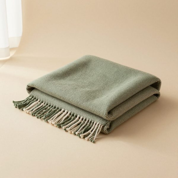 A folded merino throw in moss green and oat herringbone with fringes.