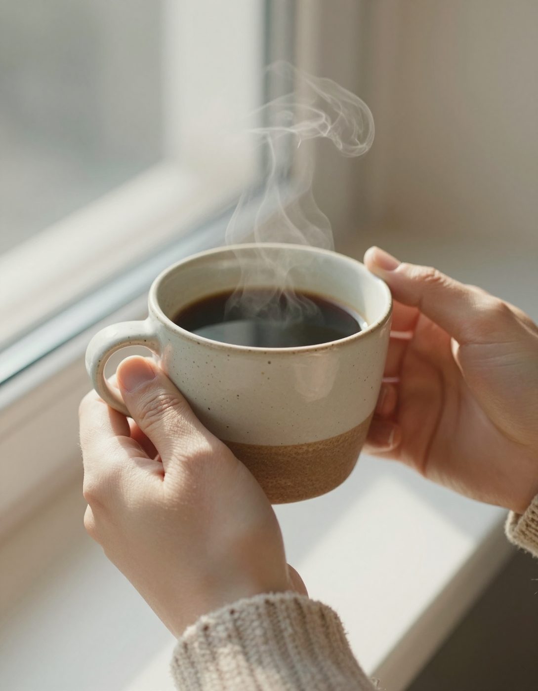 Hands holding a Pebble mug of black coffee by a window.