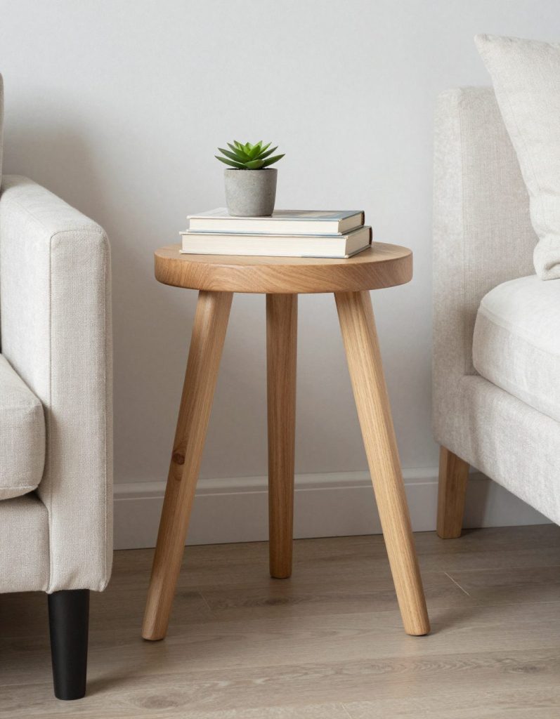 The Still stool holding books and a plant next to a linen sofa.